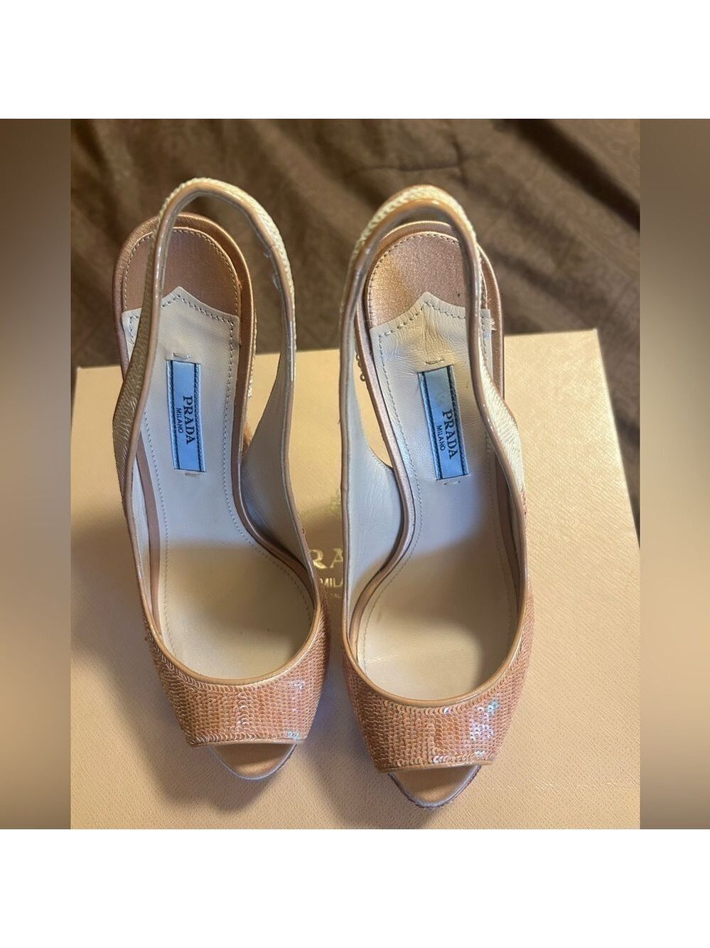 Prada Milano sequence palillette open toe sling back platform high heel